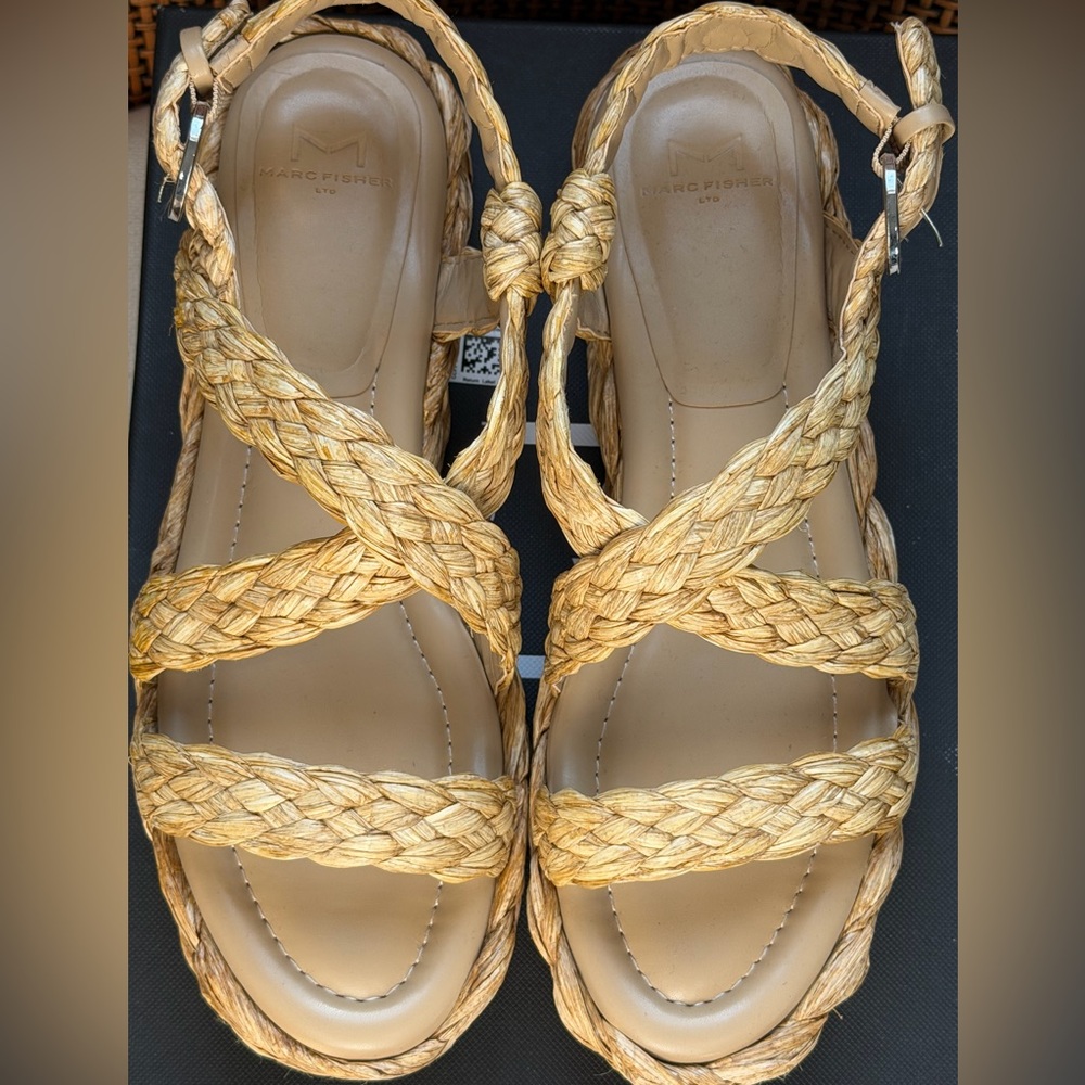 Marc Fisher Genie Platform Braided Straw Cross-Strap Sandals | Natural Tan | 8.5